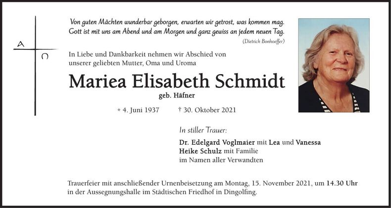 Traueranzeige Mariea Elisabeth Schmidt
