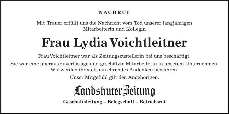 Traueranzeige Lydia Voichtleitner