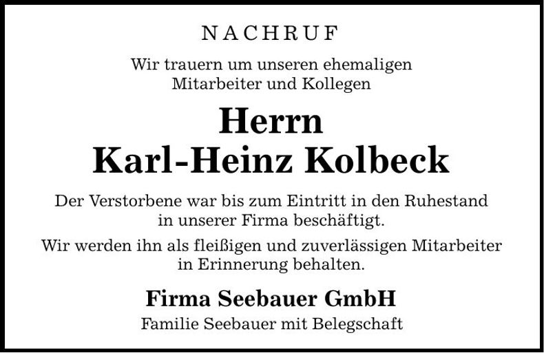 Traueranzeige Kar-Heinz Kolbeck