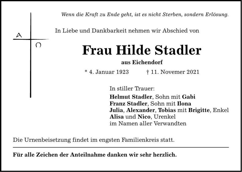 Traueranzeige Hilde Stadler