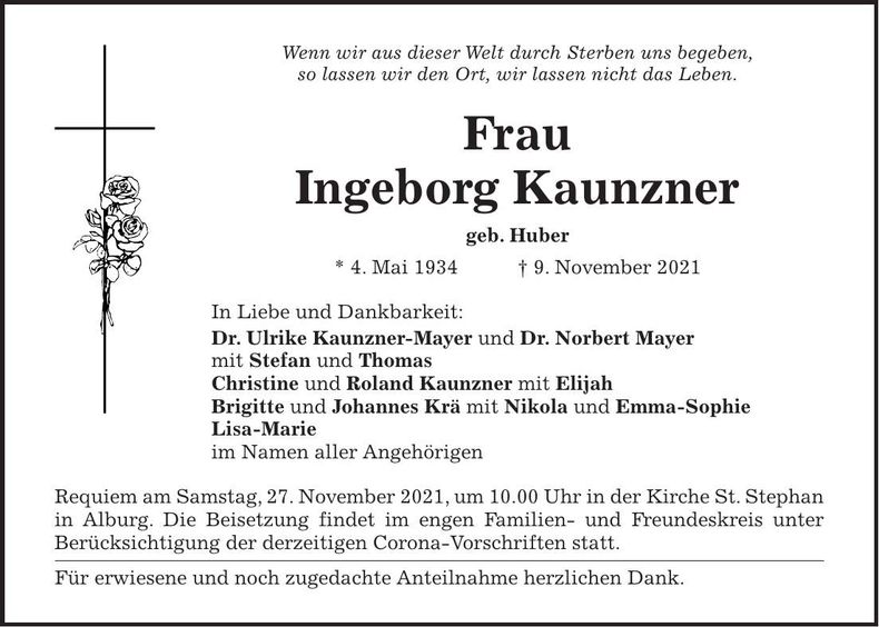 Traueranzeige Ingeborg Kaunzner