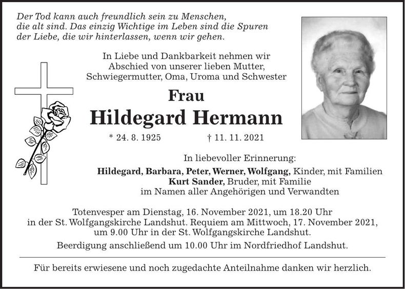 Traueranzeige Hildegard Hermann