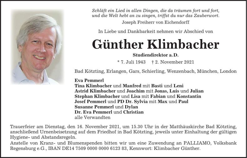 Traueranzeige Günther Klimbacher