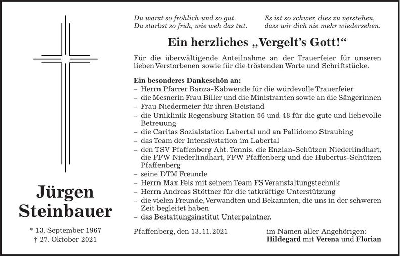 Traueranzeige Jürgen Steinbauer