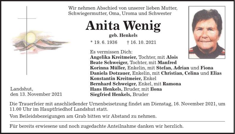 Traueranzeige Anita Wenig