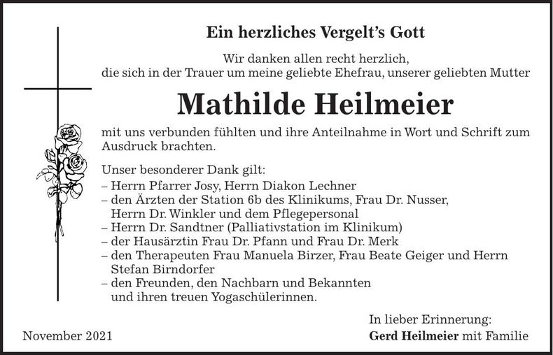 Traueranzeige Mathilde Heilmeier