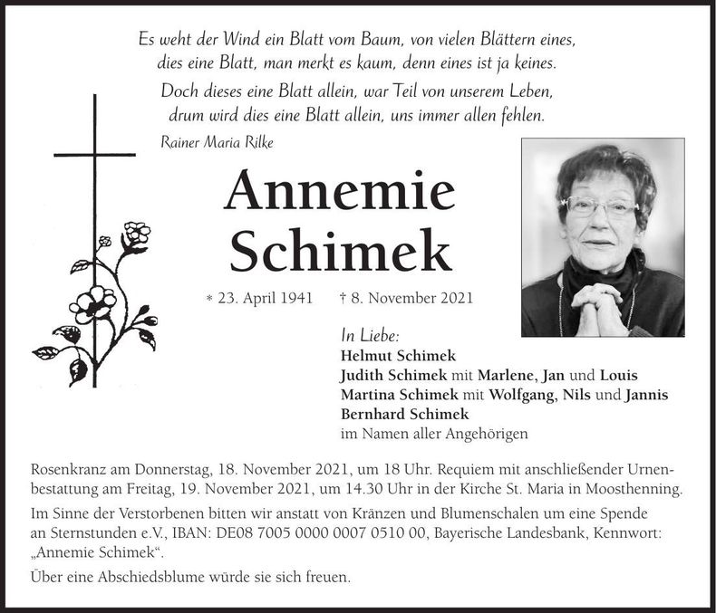 Traueranzeige Annemie Schimek