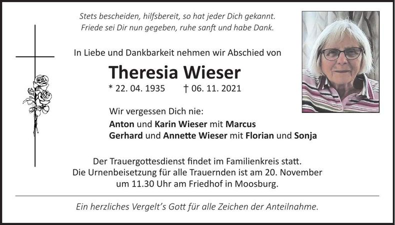 Traueranzeige Theresia Wieser