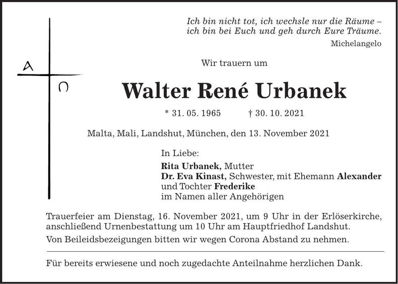 Traueranzeige Walter René Urbanek