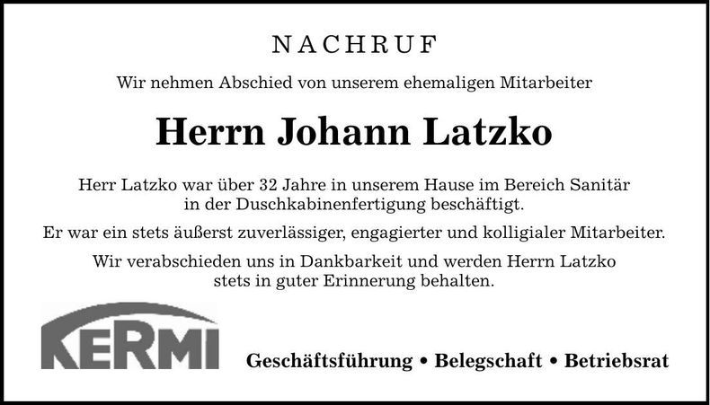 Traueranzeige Johann Latzko