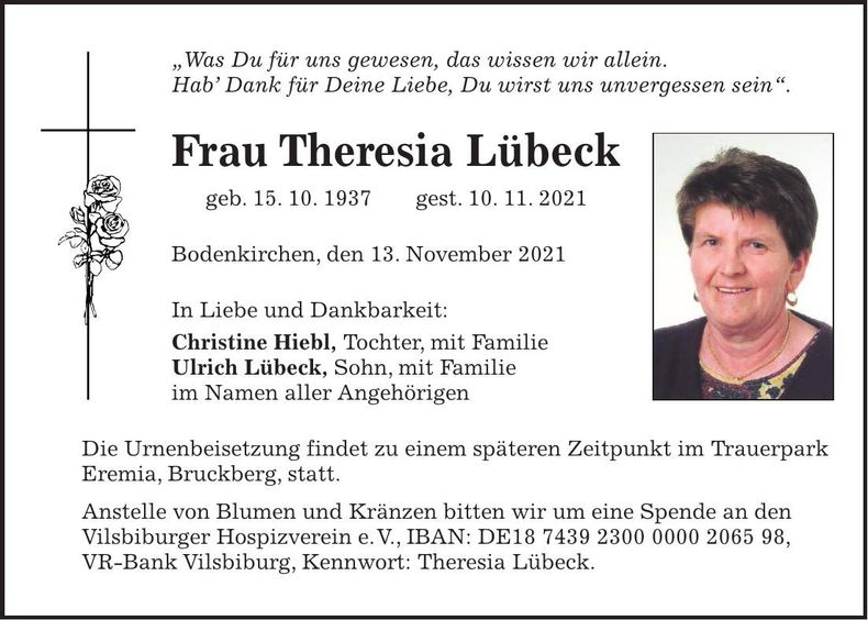 Traueranzeige Theresia Lübeck