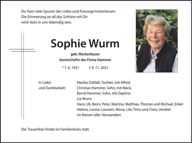 Traueranzeige Sophie Wurm