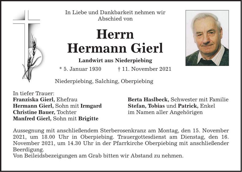 Traueranzeige Hermann Gierl