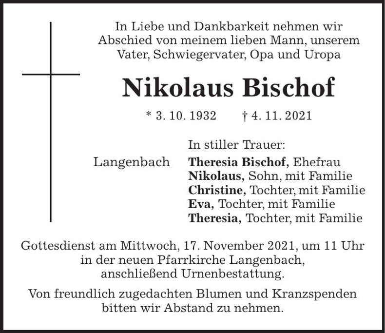 Traueranzeige Nikolaus Bischof