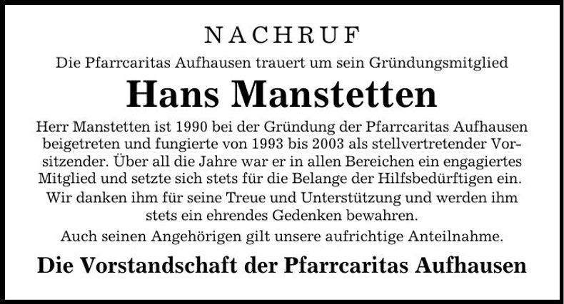 Traueranzeige Hans Manstetten
