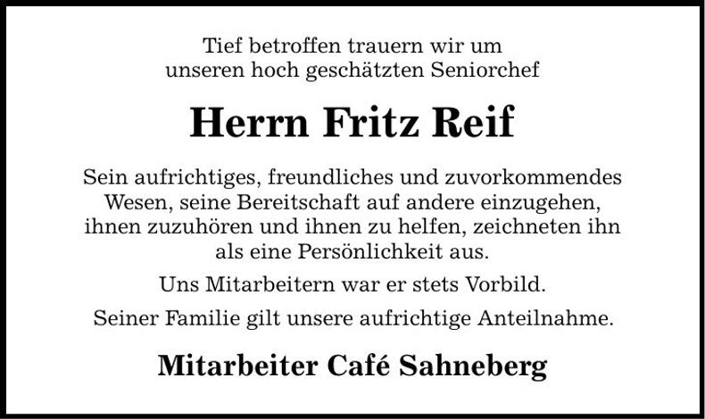 Traueranzeige Fritz Reif