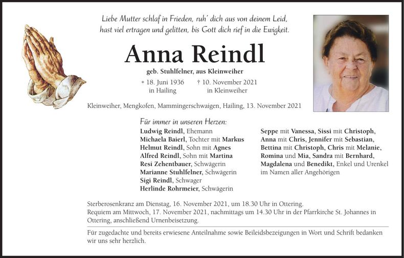 Traueranzeige Anna Reindl