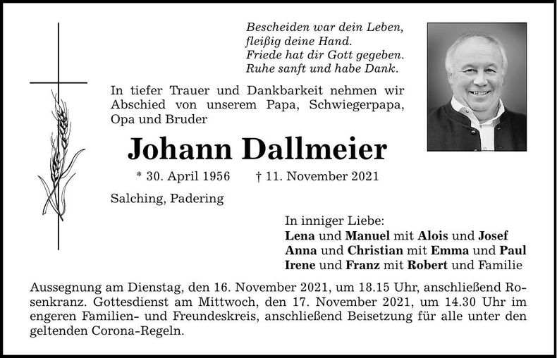 Traueranzeige Johann Dallmeier