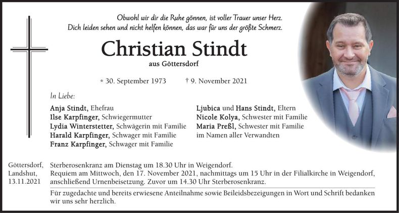 Traueranzeige Christian Stindt