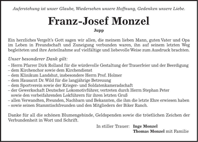 Traueranzeige Franz-Josef Monzel