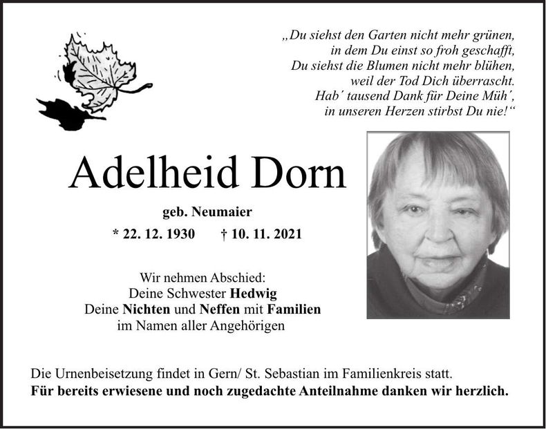 Traueranzeige Adelheid Dorn