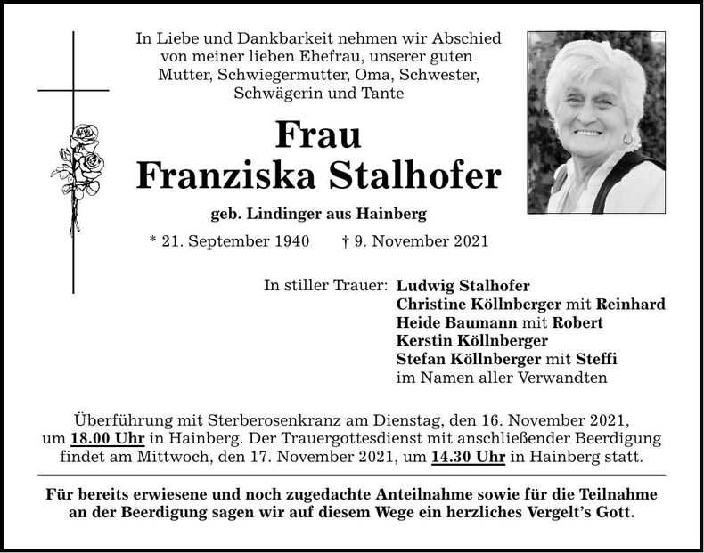 Traueranzeige Franziska Stalhofer