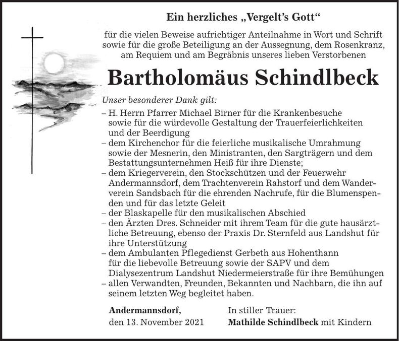 Traueranzeige Bartholomäus Schindlbeck