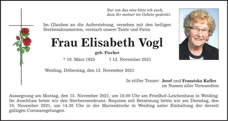 Traueranzeige Elisabeth Vogl