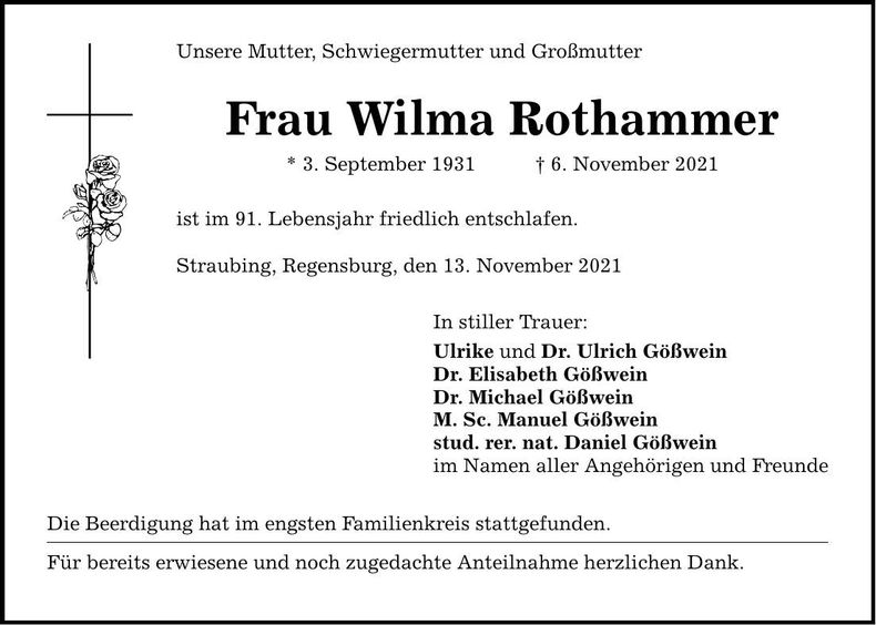 Traueranzeige Wilma Rothammer