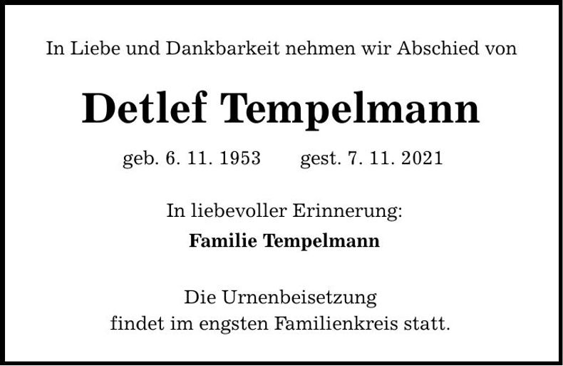 Traueranzeige Detlef Tempelmann
