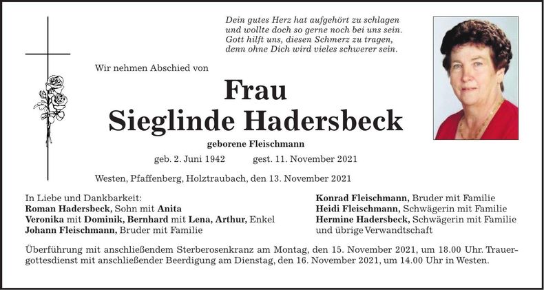 Traueranzeige Sieglinde Hadersbeck