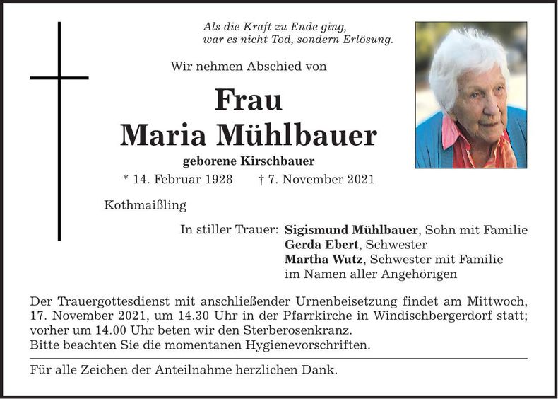 Traueranzeige Maria Mühlbauer