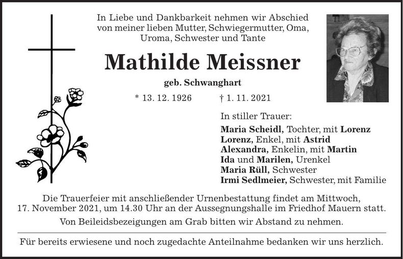 Traueranzeige Mathilde Meissner