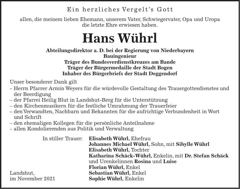 Traueranzeige Hans Wührl
