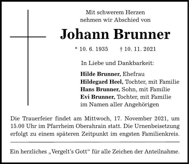 Traueranzeige Johann Brunner