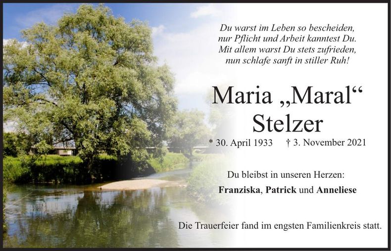 Traueranzeige Maria "Maral" Stelzer