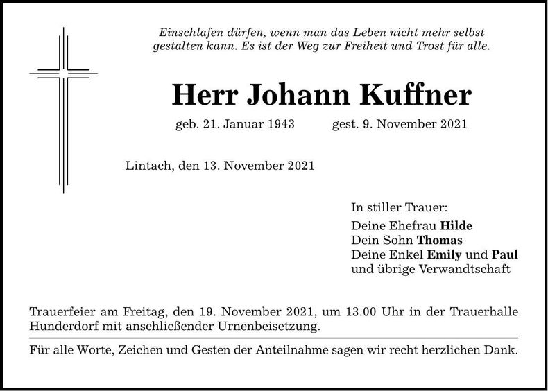 Traueranzeige Johann Kuffner