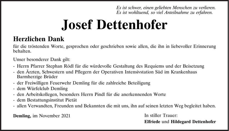 Traueranzeige Josef Dettenhofer