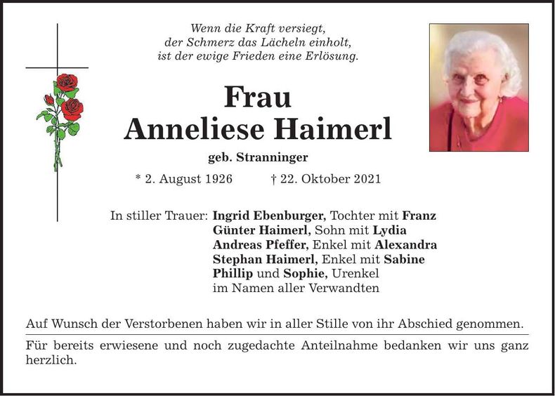 Traueranzeige Anneliese Haimerl