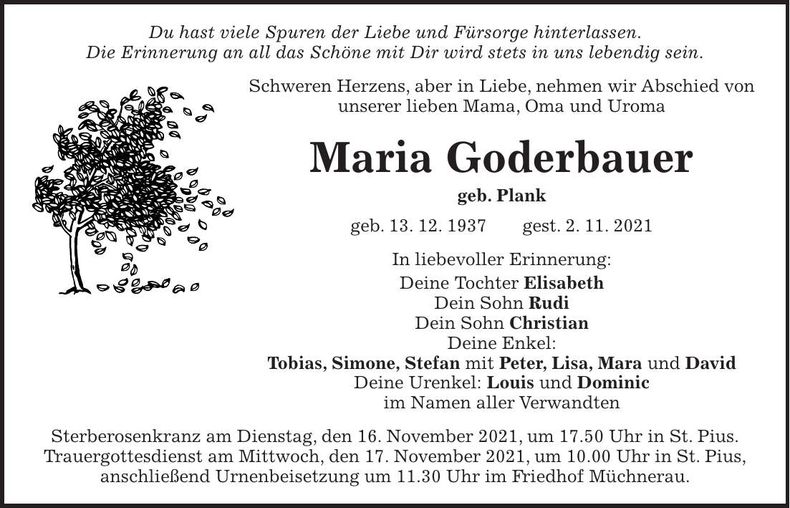 Traueranzeige Maria Goderbauer