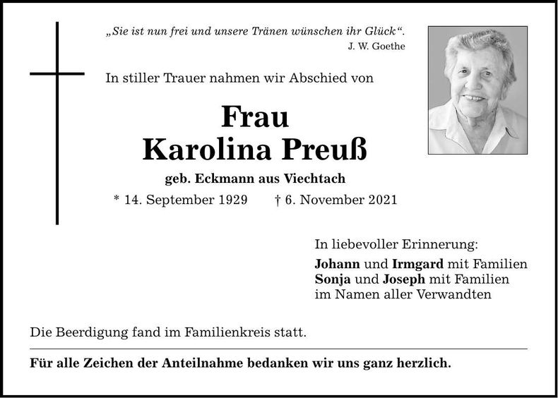 Traueranzeige Karolina Preuß