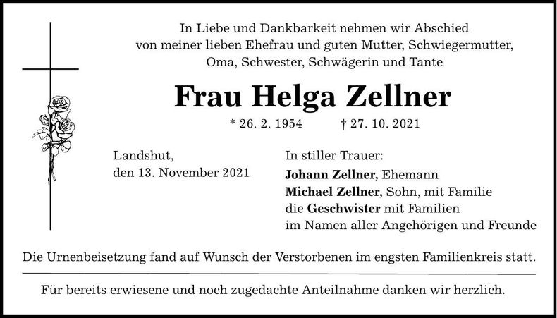 Traueranzeige Helga Zellner