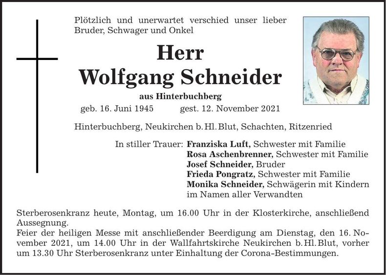 Traueranzeige Wolfgang Schneider