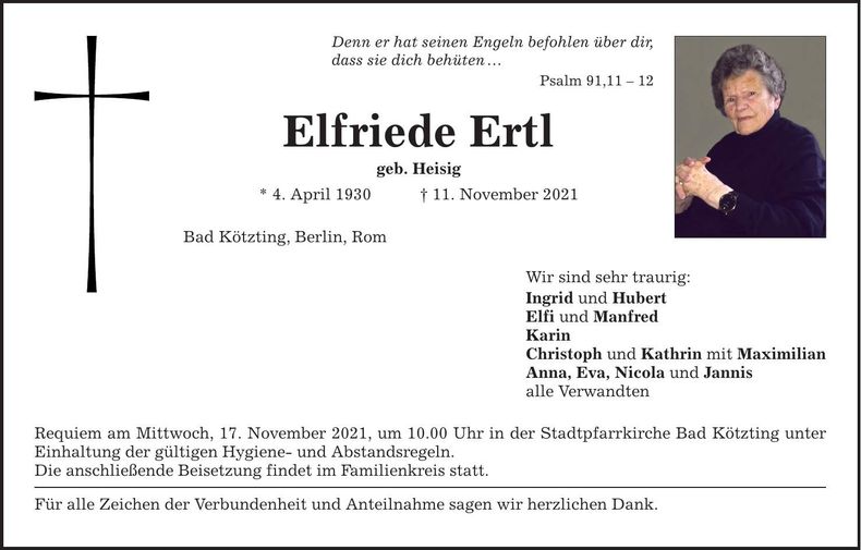 Traueranzeige Elfriede Ertl