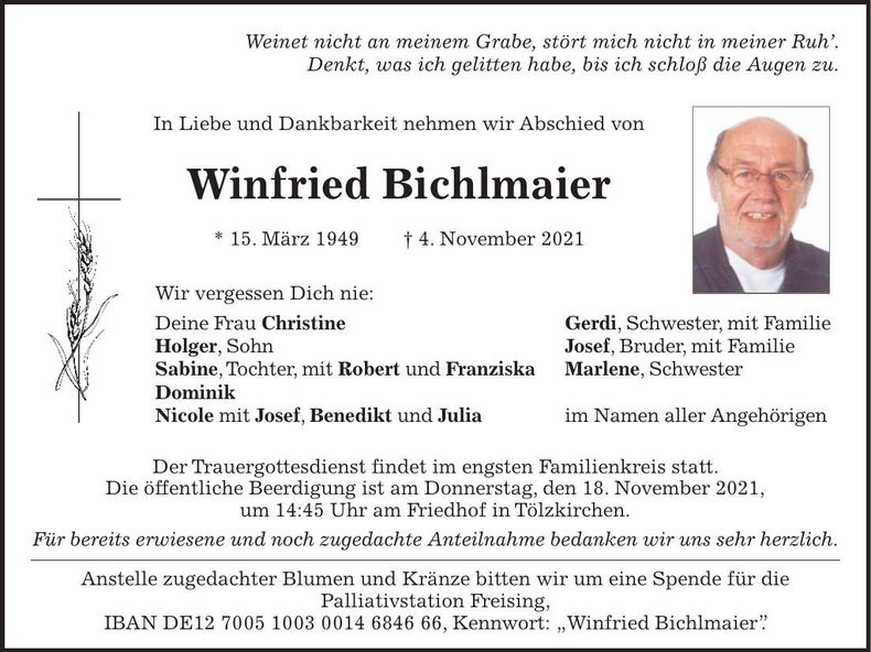 Traueranzeige Winfried Bichlmaier