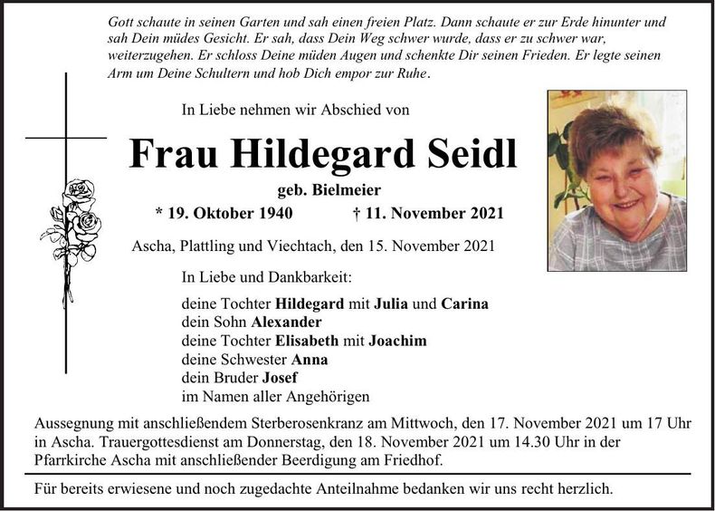 Traueranzeige Hildegard Seidl