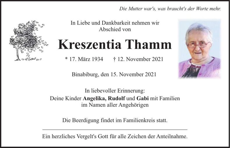 Traueranzeige Kreszentia Thamm
