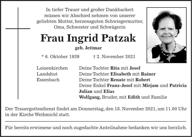 Traueranzeige Ingrid Patzak