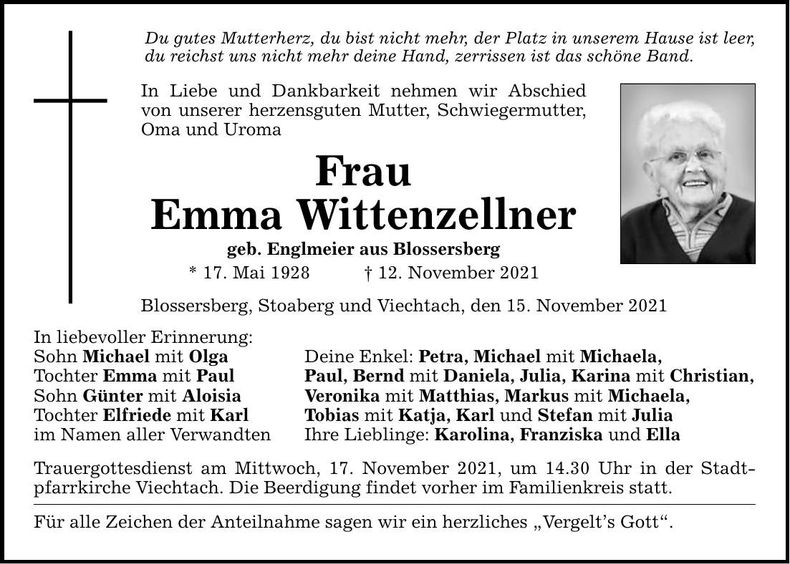 Traueranzeige Emma Wittenzellner