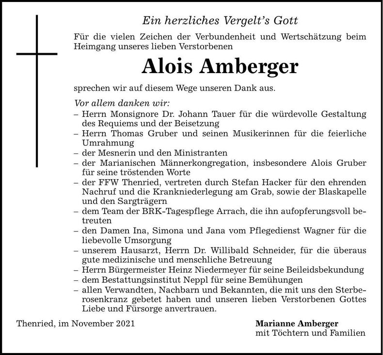 Traueranzeige Alois Amberger
